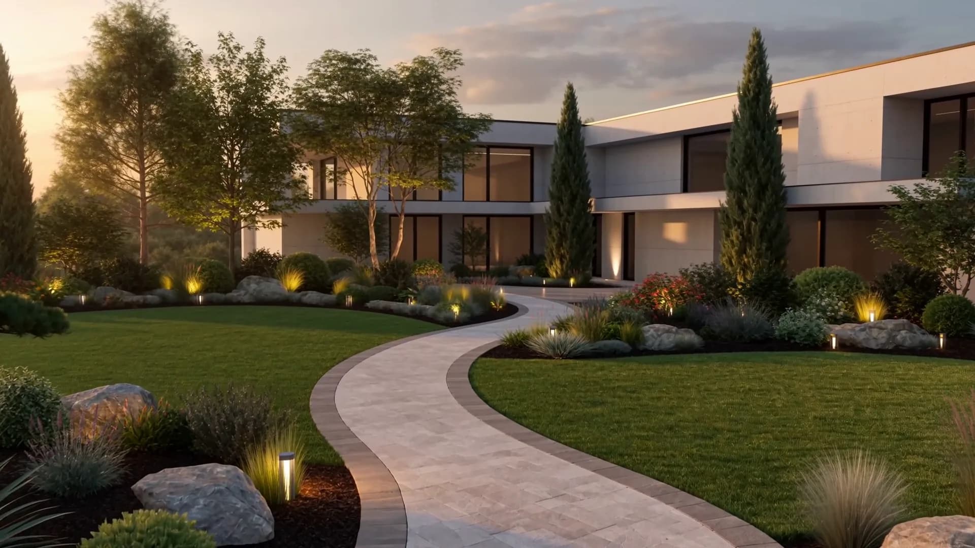 A luxury East Texas estate with a fully landscaped front yard, stone walkway, retaining walls, and warm landscape lighting at golden hour by Red Beard Outdoor Solutions